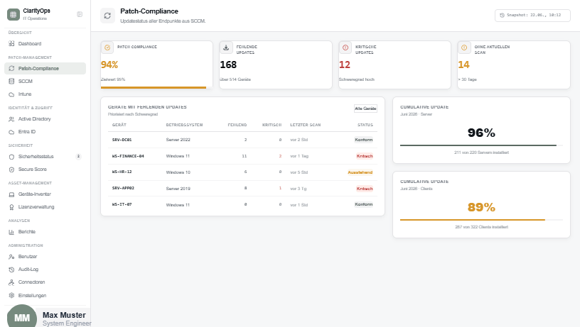 ClarityOps Patch & Compliance Ansicht