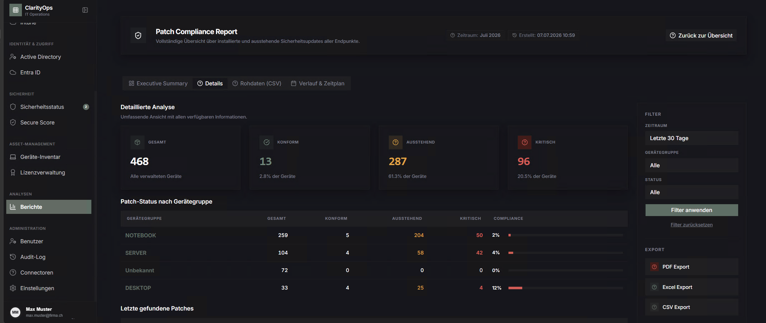ClarityOps Patch Compliance Report mit Detailanalyse, Filtern und Export
